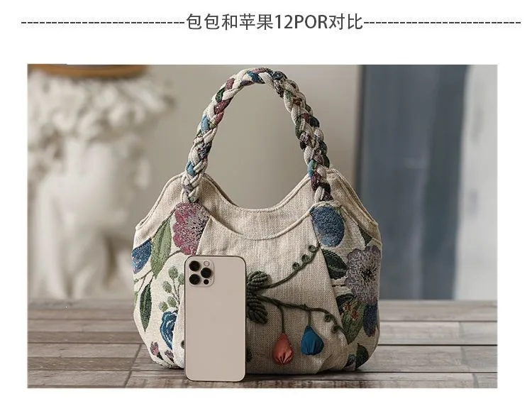 Ethnic Style Linen Tote Bag Ladies 3D Floral Ornament Patchwork Embroidery Canvas Handbag Retro Casual Shoulder Bag