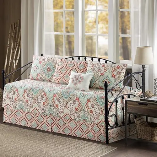 6 Piece Reversible Microfiber Damask Printed Daybed Cover Set, All Season Luxury Bedding with Bedskirt, Matching Shams