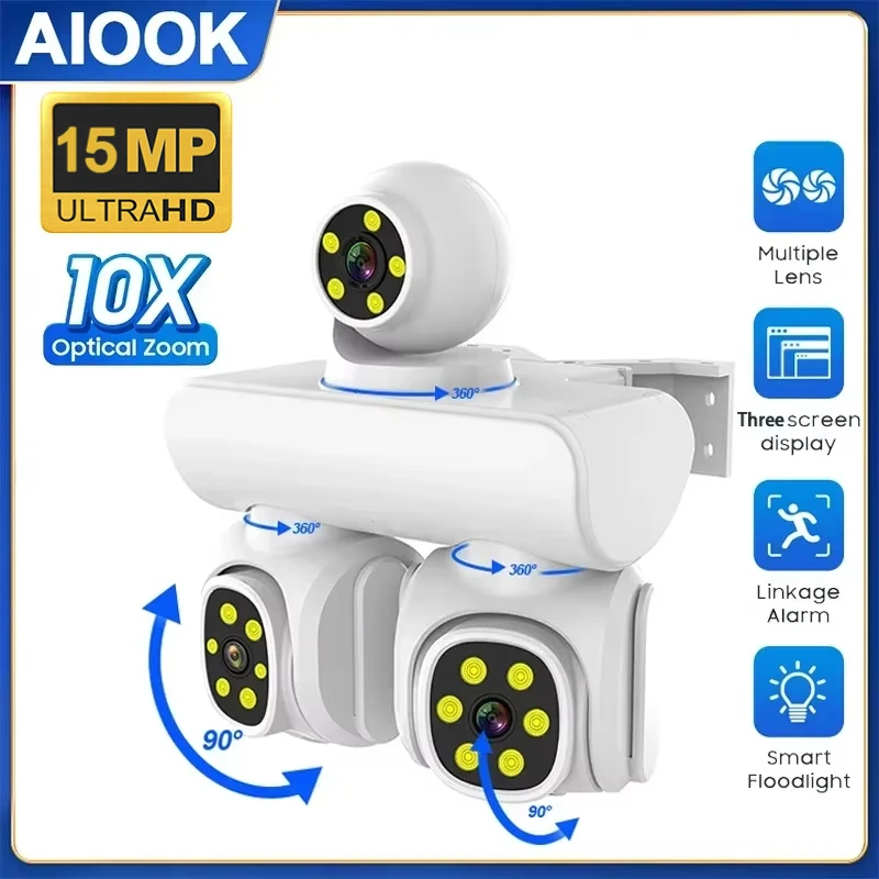 AIOOK HD 15MP 10X ZOOM Three Lens Camera WIFI IP CCTV PTZ Outdoor Waterproof Two Way Intercom Motion Track Icam365 Smart Camera