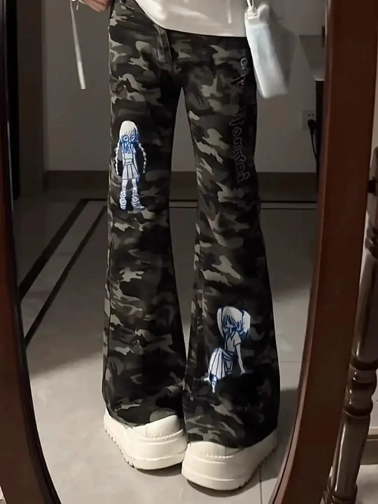

Y2K Millennium Retro Hot Girl Pants Cartoon Printed Camouflage Hot Diamond Trousers Low Waist Micro Pull Casual Pants Women