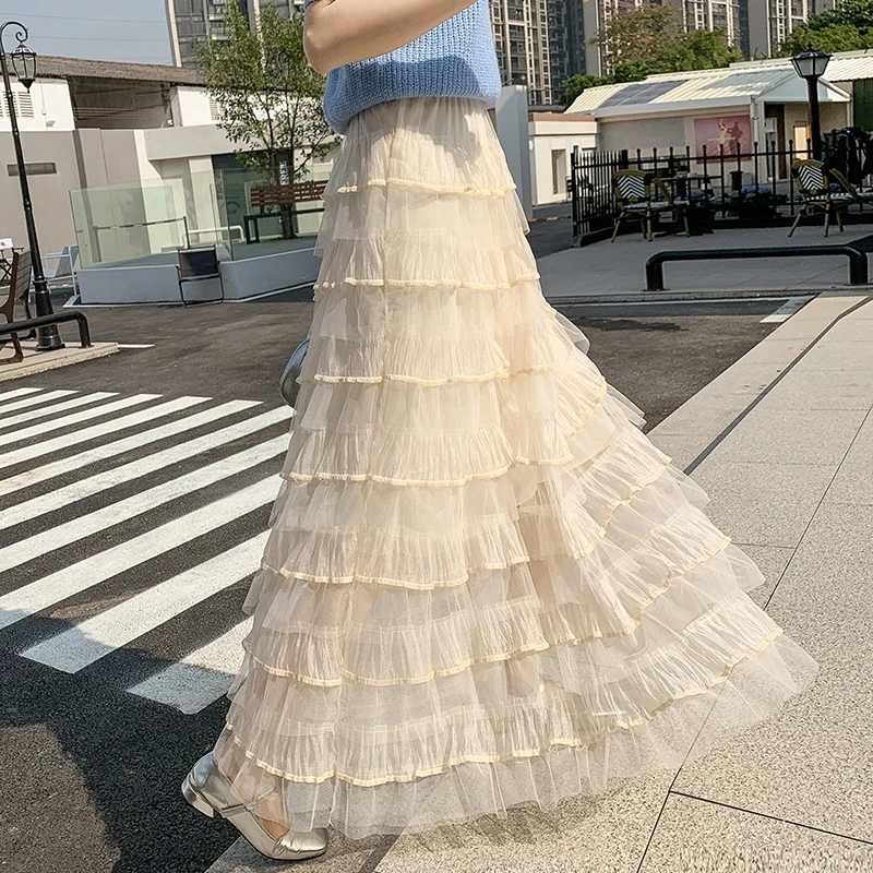 Primavera Verano vestido de fiesta de malla faldas niñas cintura alta elástica una línea falda larga mujeres pantalones dulces