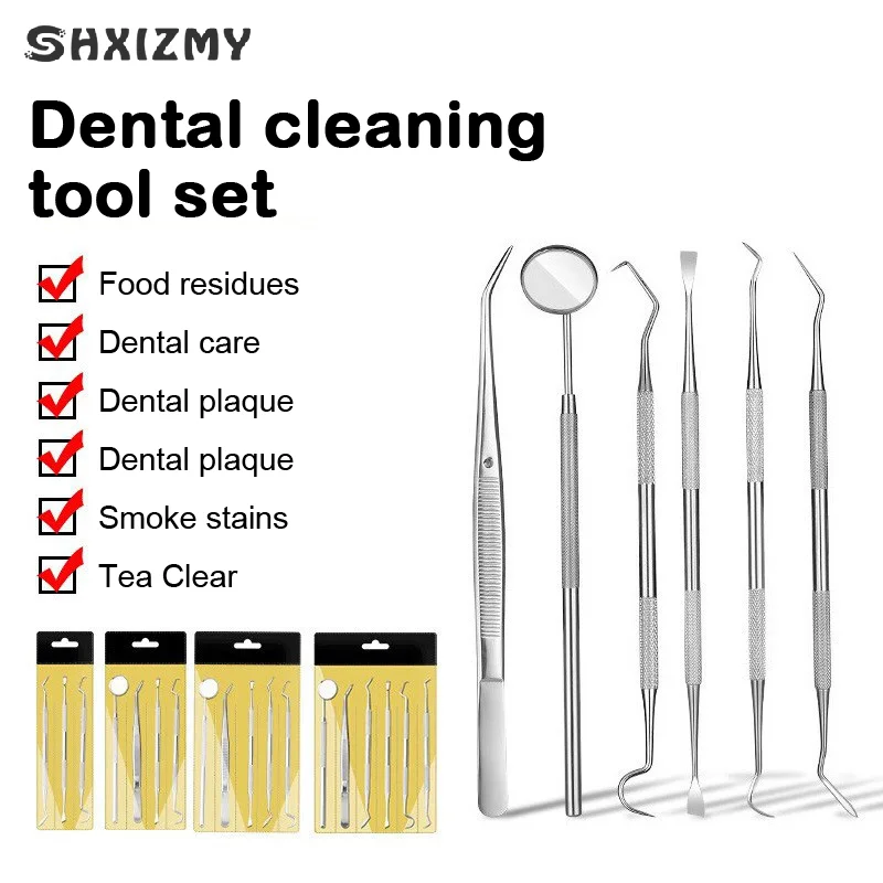 Stainless Steel Dentist Clean Tools Dental Mirror Double Probe Sickle Hoe Tooth Cleaner Dental Tool Products Oral Care Kit