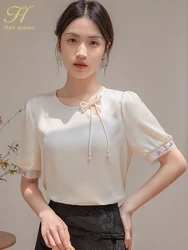 H Han Queen New 2024 Summer Shirt Vintage Office Blouse Embroidery Tops Short Sleeve Casual Loose Blouses Women's Clothing Sales