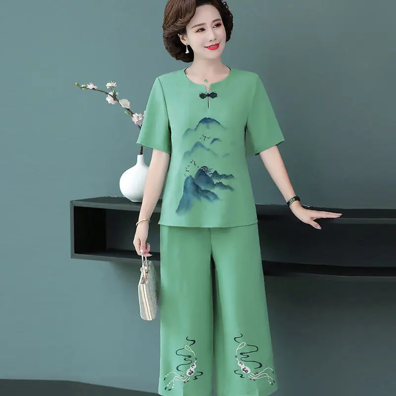 New Two-Piece Summer set Female New Embroidery Set Mother Middle-Aged Outfit Elderly Women\'s Ethnic Casual Suit