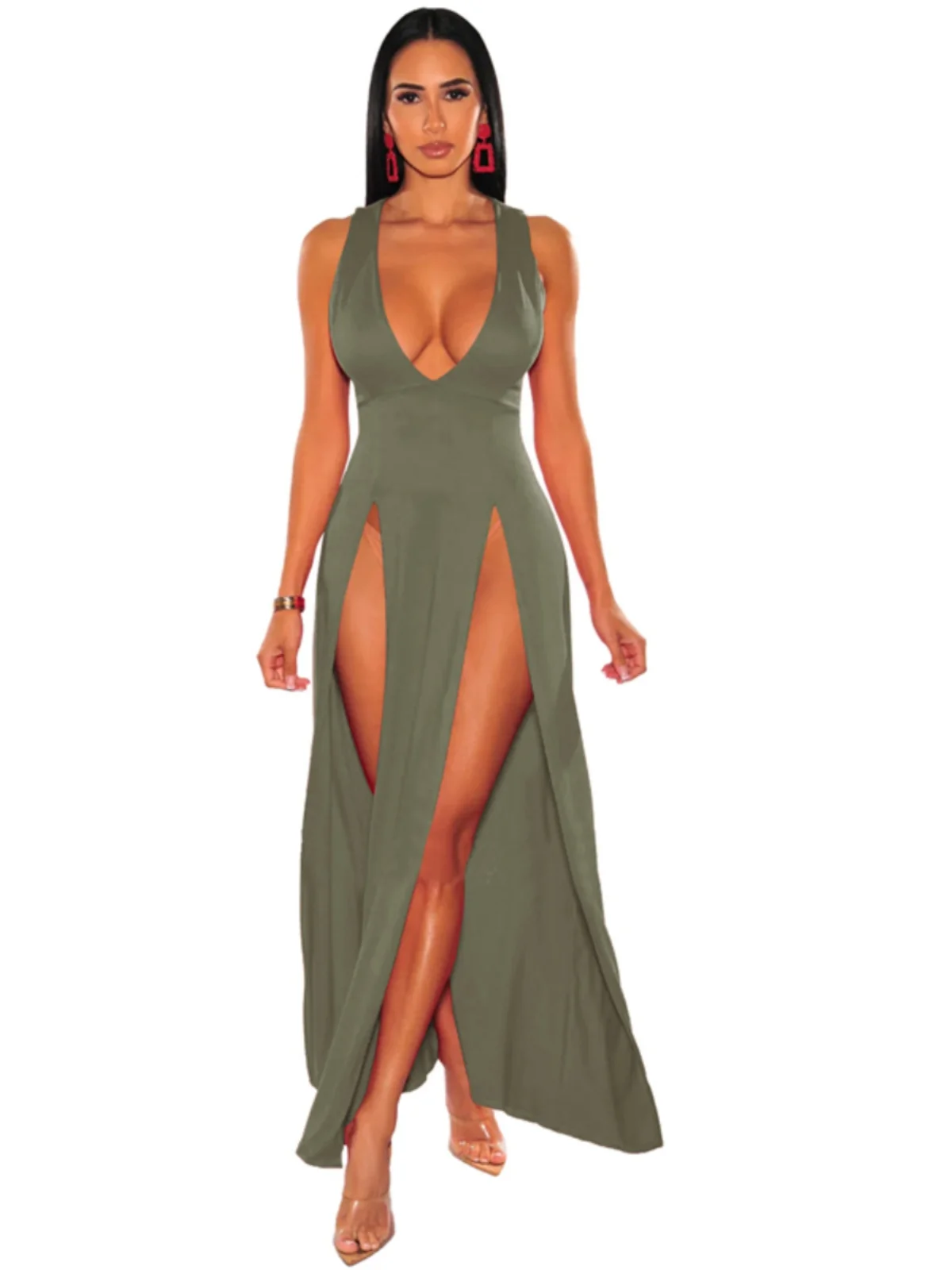 Vestido Midi sin Mangas con Escote Profundo en V y Abertura, Color Puro, Estilo del Sudeste Asiático, Moda Femenina, Primaver...