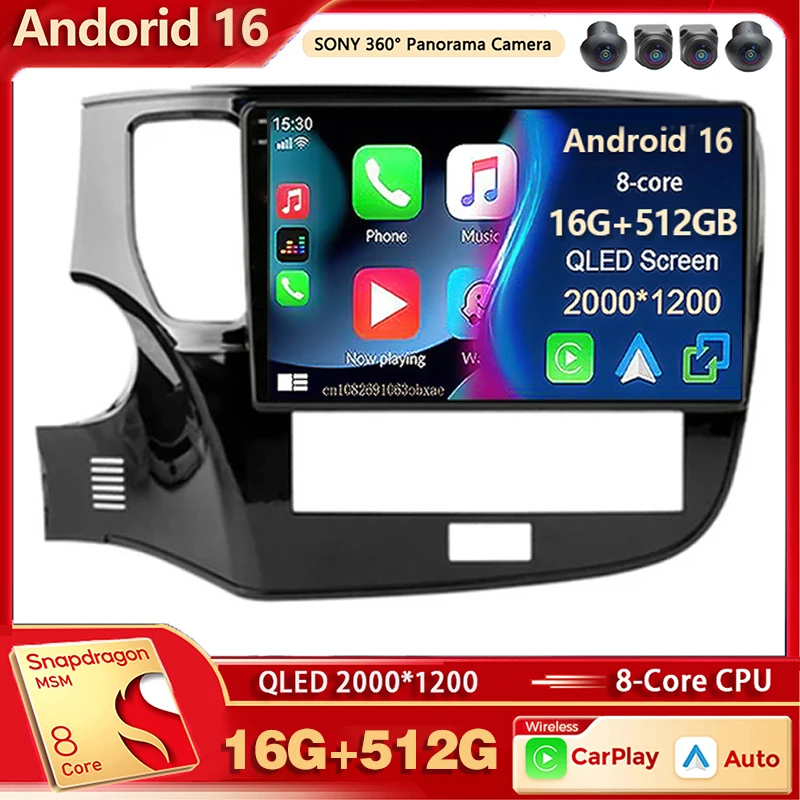 Radio Multimedia para Auto con Android 16 y Qualcomm para Mitsubishi Outlander 3 III GF0W GG0W 2018-2022, Auto Carplay, Estéreo, wifi+4G