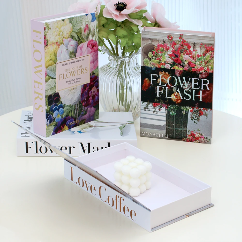 Flowers Fake Books Decor Living Room Luxury Decorative Books Storage Box Hotel Bedroom Coffee Table Storage Box Prop Books