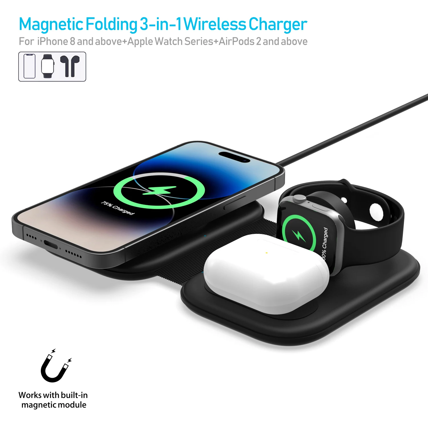 3 in 1 15W Magnetic Fold Wireless Charger Stand Fast Wireless Charging Station for iPhone 14 13 12 Pro Apple Watch 8 Airpods Pro