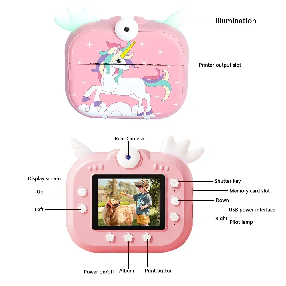 LCD 디스플레이 만화 유니콘, 즉시 사진 인쇄, 어린이 카메라 장난감, 충전식 배터리, 2.4 인치