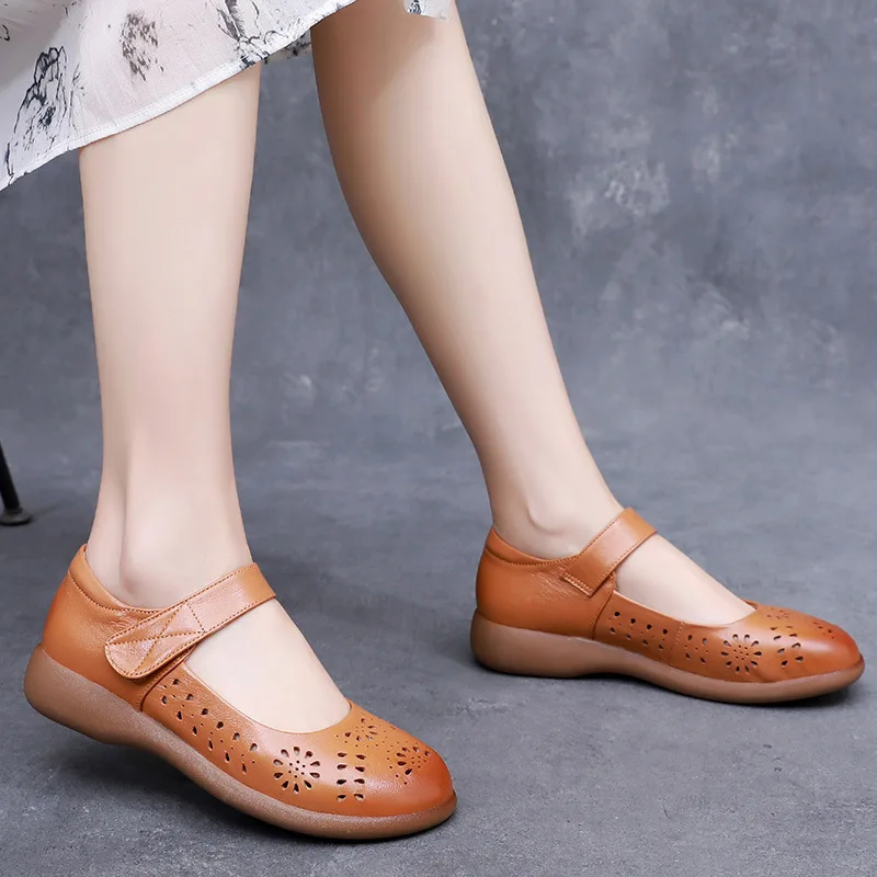 GKTINOO Genuine Leather Ladies Flats Summer Shoes Woman Plus Size Casual Loafers Hollow Round Toe Soft Comfort Sandals Female