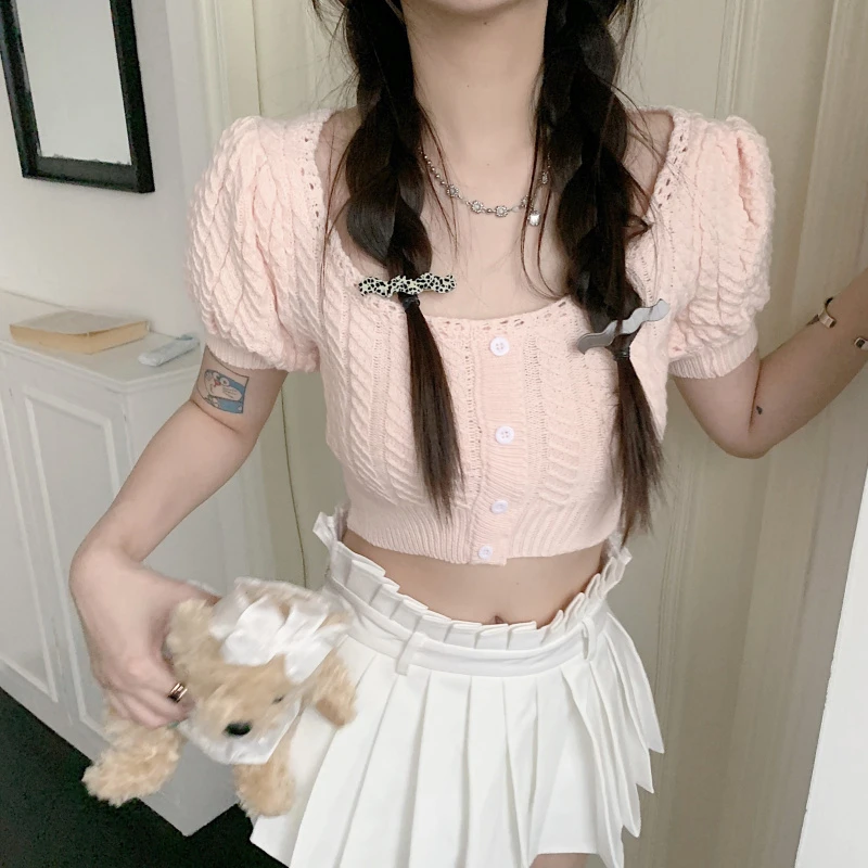 Printemps/été 2025 tricots courts avec manches à bulles petit Design Sense Hot Girl exposant ombilical