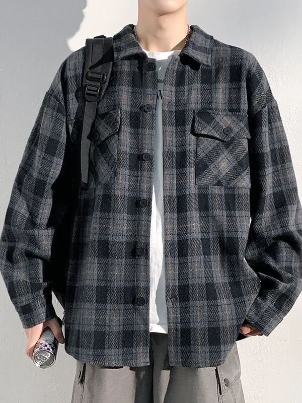 

Мужская рубашка-куртка в американском ретро-стиле с длинным рукавом, свободного кроя, в клетку, с прямым подолом, для весны и осени, молодежная мода