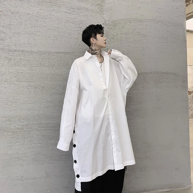 

Men's new long sleeve loose large size casual button shirt Japanese street trend hip hop patchwork long dress shirt