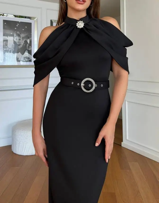 

Womens Dresses 2025 New Plain High Neck Party Dress with Cold Sleeves Sparkling Rhinestones Decor Elegant Slim Fit Midi Dress