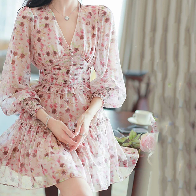 Dress Chiffon Elegant Ruffles | Short Floral Chiffon Dresses - Summer  Sundress Short - Aliexpress