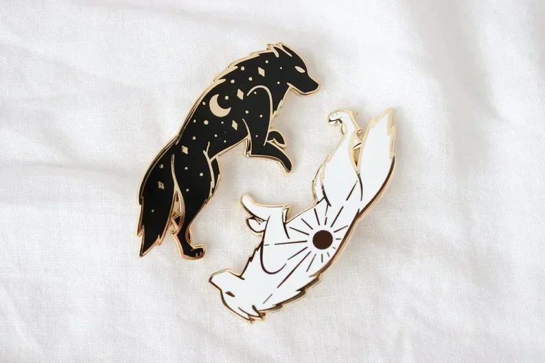 Sun and Moon Wolf Hard Enamel Pins Animal Badge Brooch for Jewelry Accessory