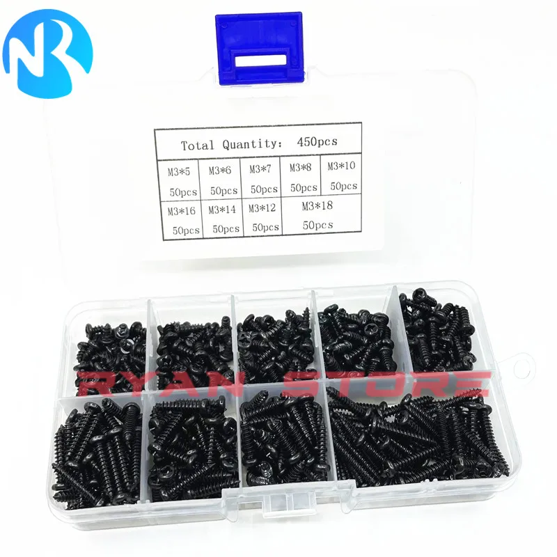 450PCS PA Self Tapping Screw Combination Suit M3*5 6 7 8 10 16 14 12 18 Screws Black Round Head Self-Tapping Screws Set