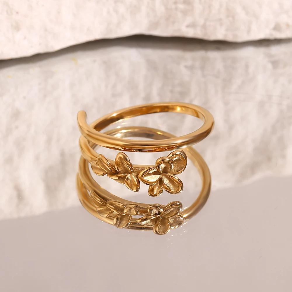 E.B.belle Double Layered Three Flower Opening Ring Cute 316L Stainless Steel Decoration 18K Gold Plated Jewelry