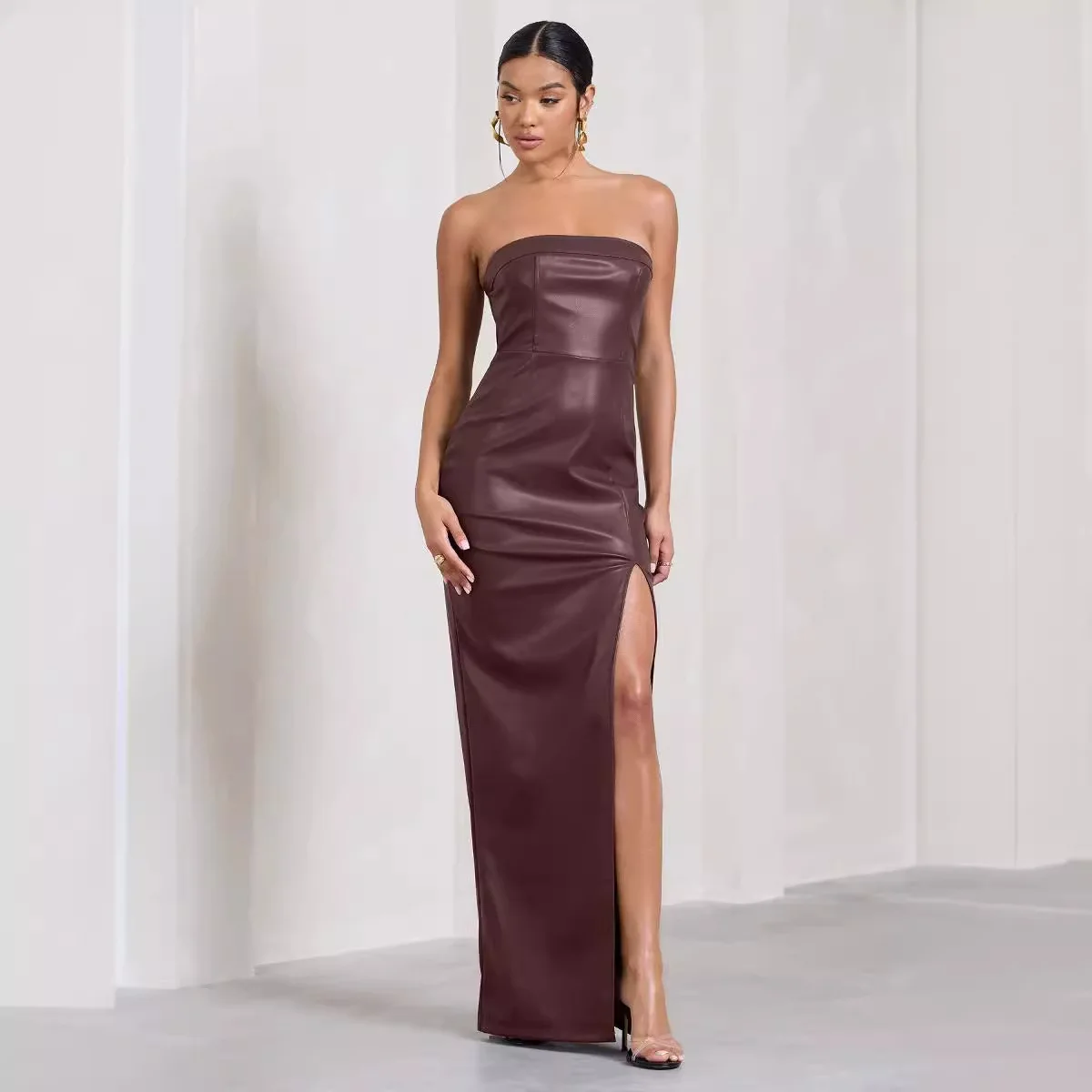 

FIGOHR Summer Women's Sexy PU Leather Skinny Strapless Long Dress Female Night Club Style High Side Slit Tube Dress