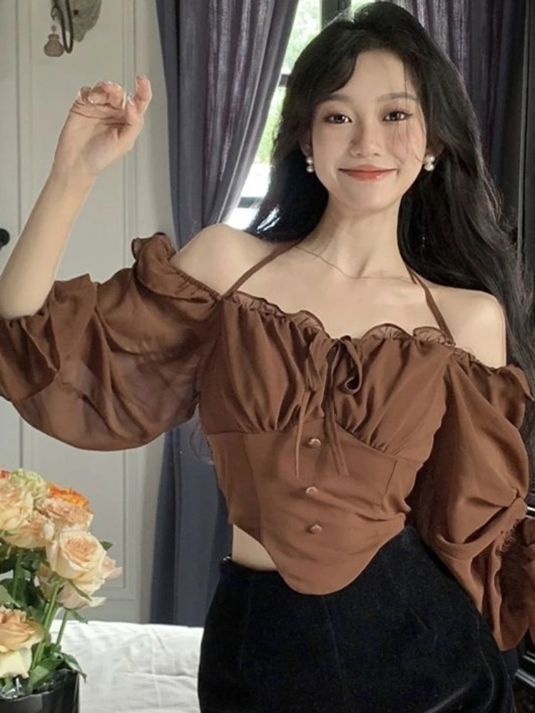 Blouses Women Slim Summer Comfortable Fashion Hotsweet Simple Daily Pleated Slash Neck Popular Streetwear Flare Sleeve Design