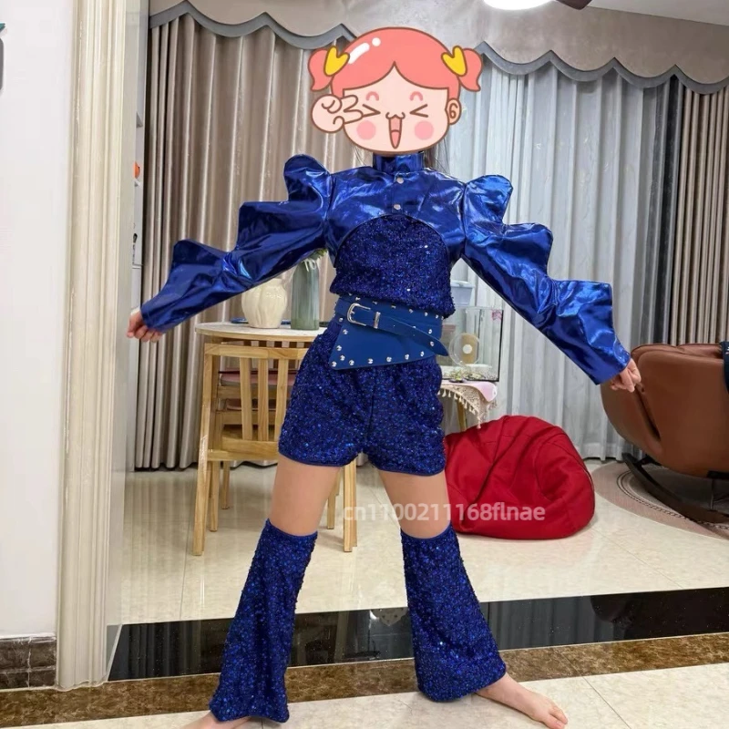 Traje de baile de Jazz azul para niña, disfraz de actuación, modelo tecnológico, espectáculo en escenario en T, conjunto de traje de baile callejero a la moda