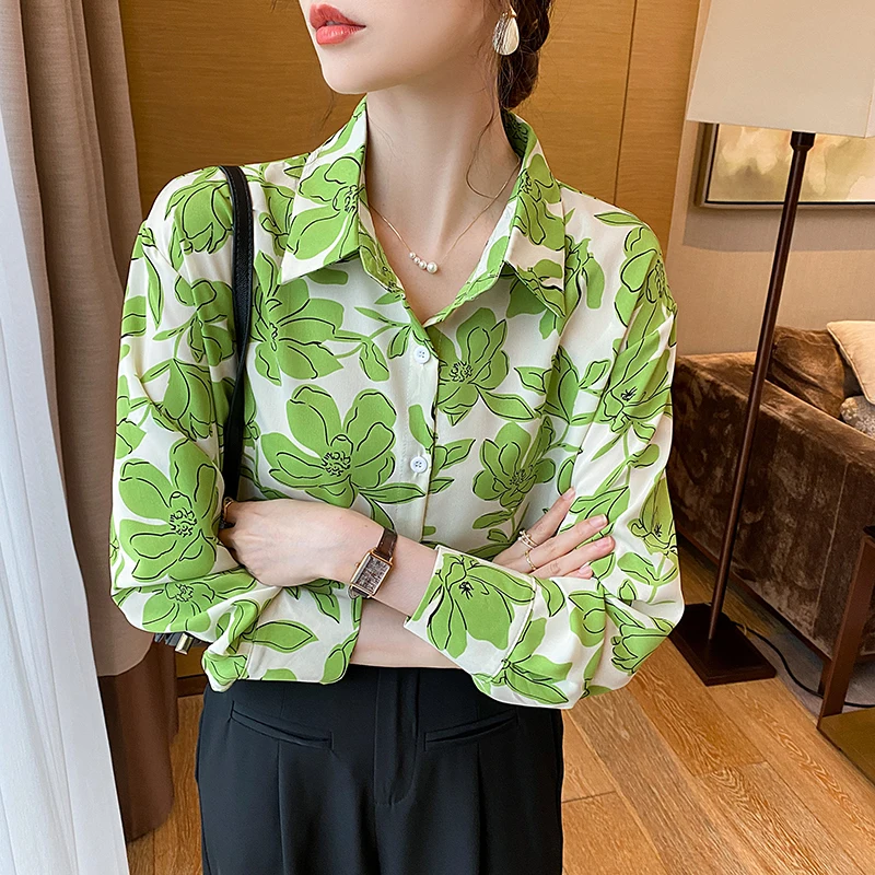 Women Spring Korean Loose Fashionable Printing Polo-Neck Long Sleeve Chiffon Shirts Women Clothes Casual All-match Trend Tops