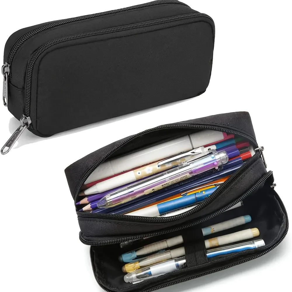Estuche para lápices de gran capacidad de 1 pieza: diseño negro con doble cremallera, organizador de papelería de oficina y almacenamiento multiusos