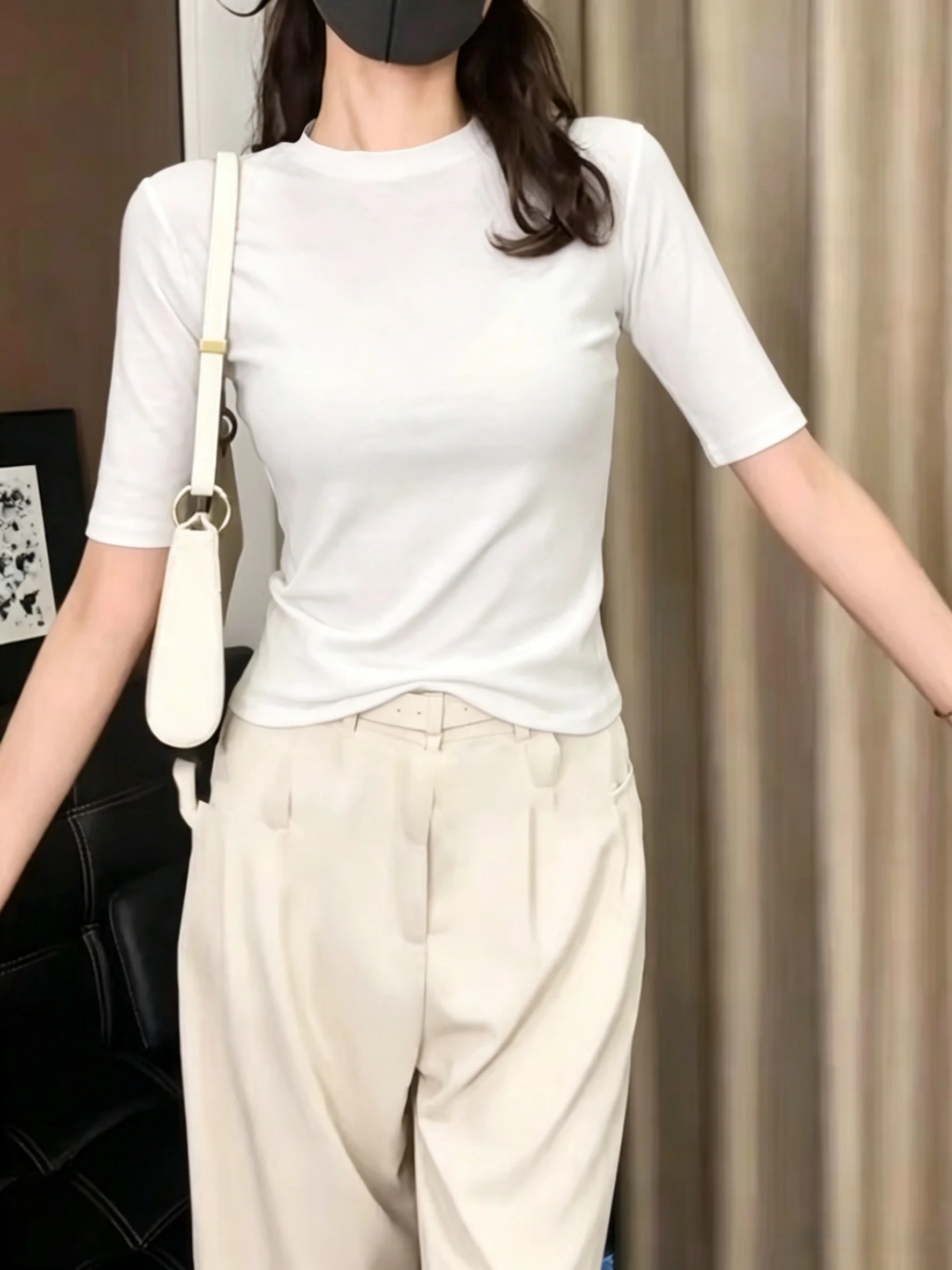 

Slim Fit round Neck T-Shirt Women's Spring Summer New Style plus Size Big MM Inner Wear Shoulder Length Sleeve Top