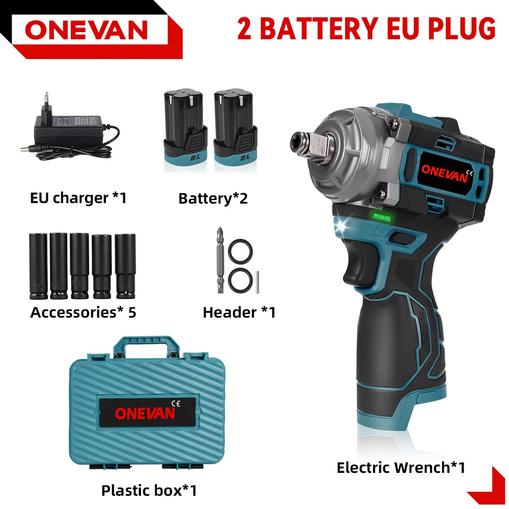 ONEVAN 500N.M borstelloze elektrische slagmoersleutel Handheld draadloze elektrische schroevendraaier Wrench Power Tool met lithium-ionbatterij