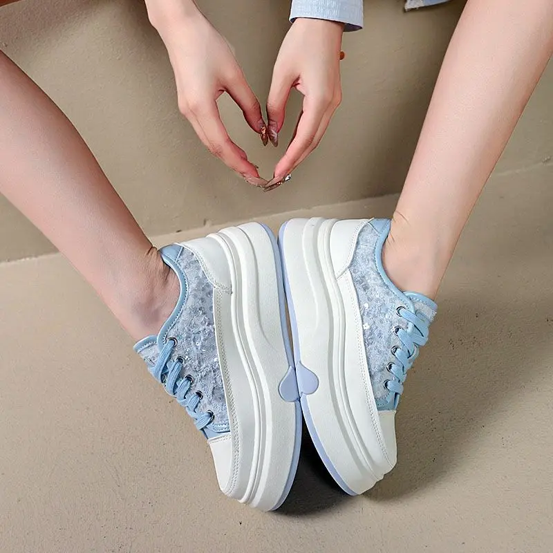 

2026 Spring Chunky Mesh Sneakers Women's Breathable Fashion Casual Shoes Woman 5 cm Platform Lace Up Trainers Frayed