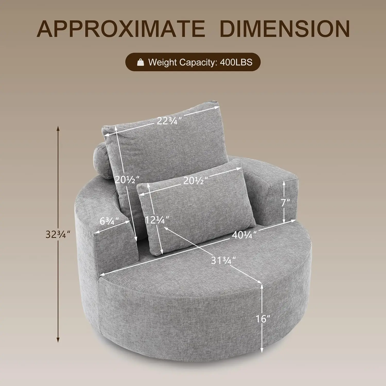 360° Swivel Oversized Barrel Chair, Chenille Upholstered Round Accent Chair with High Density Sponge, No Assembly, Customized
