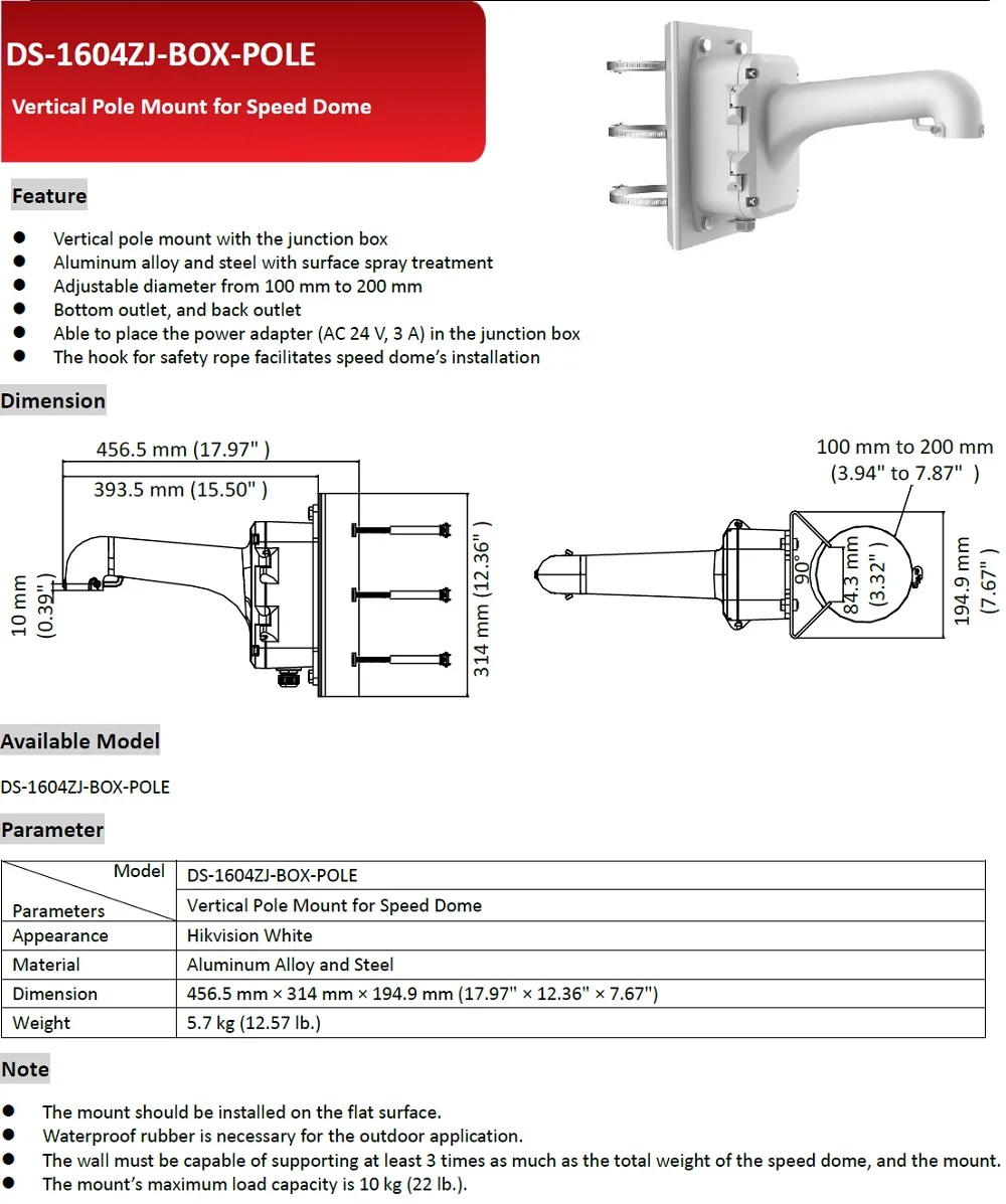 Imagem -03 - Montagem Vertical do Pólo do Suporte Ds1604zj-box-pole para a Abóbada da Velocidade com Material da Liga de Alumínio e do Aço da Caixa de Junção