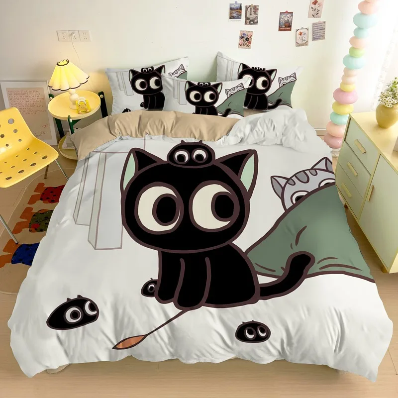Милый 3D печатный пододеяльник Luo Xiaohei, наволочка, комплект постельного белья с котом, украшение для спальни, детский подарок, одинарный двойной размер королевы Милый 3D печатный пододеяльник Luo Xiaohei, наволочка, комплект постельного белья с котом, украшение для спальни, детский подарок, одинарный двойной размер королевы