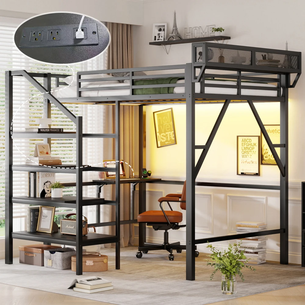 

Full Metal Loft Bed: Foldable Desk, Charging Station, Light Strip & Stair Storage, Patent, Black (2026/4/10)