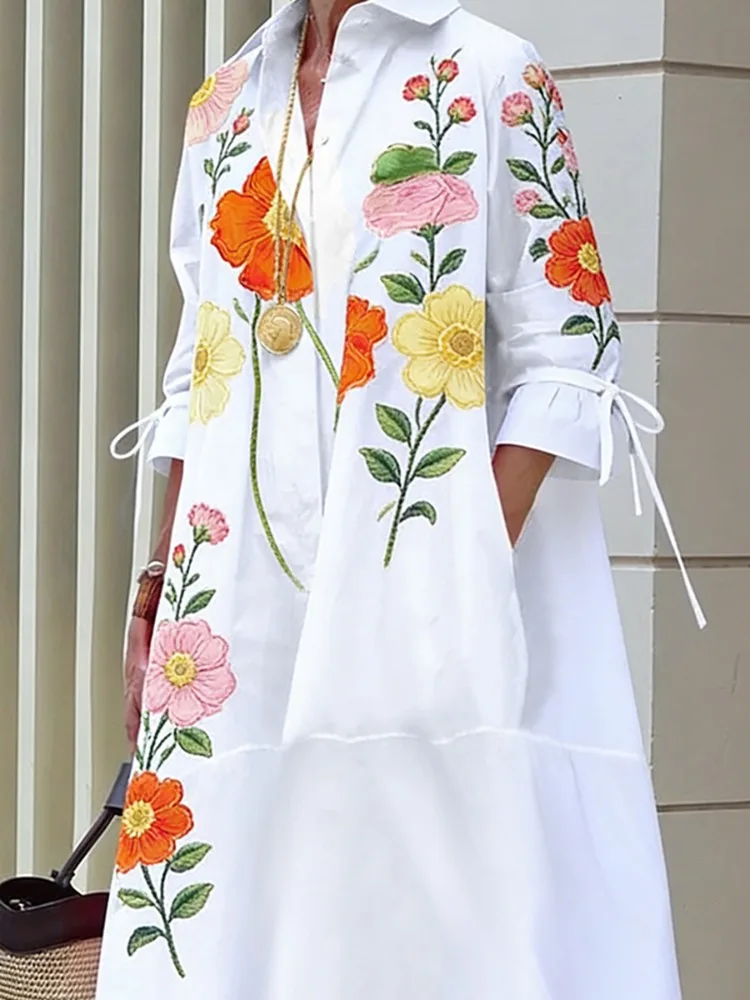 UOOZEE Women's Elegant Colorful Flower Printed Lapel Shirts Dress 2026 New Flared Sleeves Pockets Casual Vacation Midi Dresses image 3