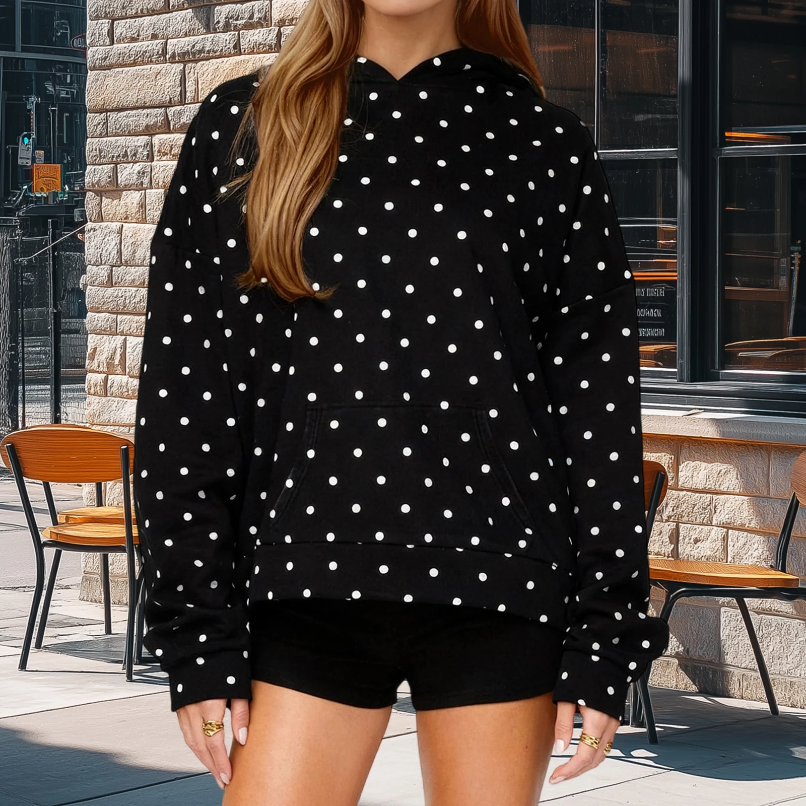 سويت شيرت نسائي بقلنسوة مع جيب أمامي وطباعة نقطية كاجوال بأكمام طويلة بلوفر بقلنسوة لخريف وشتاء