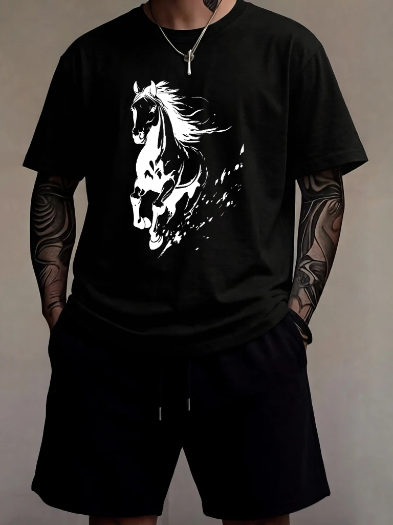 

The Horse Runs Happily Design Soft 16 Color Classic Tees Of Men Set Sport Summer Shorts Cotton Breathable Basics Tee Shirts