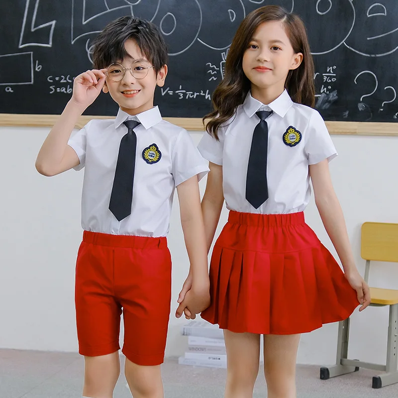 Kids School Uniform Boys Girls British Style Graduation Performance Suit Twins Short Sleeved Shirt Pants/Skirt Clothing Set