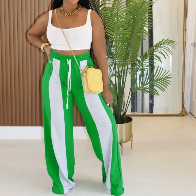 HLJ Autumn New Casual Loose Pants Women Color Block Drawstring Patchwork Straight Pants Fashion Female Streetwear Bottoms 2025