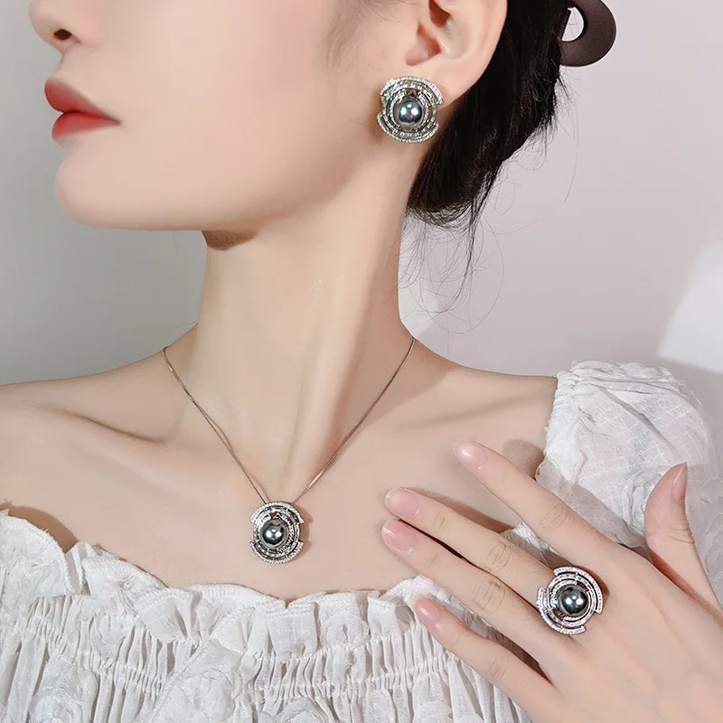 Vintage Style Circular Grey Pearl Jewelry with Adjustable Ring Sparkling Zircon Accents Earrings Necklace Ring for Women Gift