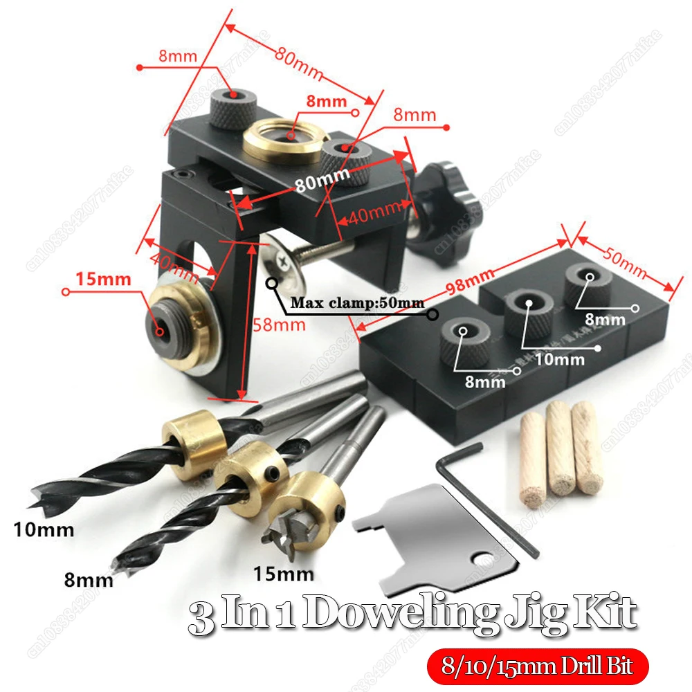 

Adjustable Wood Doweling Jig Pocket Hole Drilling Locator Jig Kit + 8/10/15mm Drill Bit Vertical Drill Guide Hole Puncher Tools