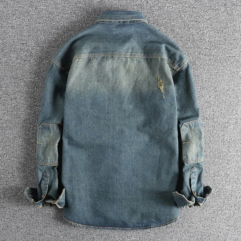 Heavy washing to do old vintage denim shirt men loose casual trend youth shirt