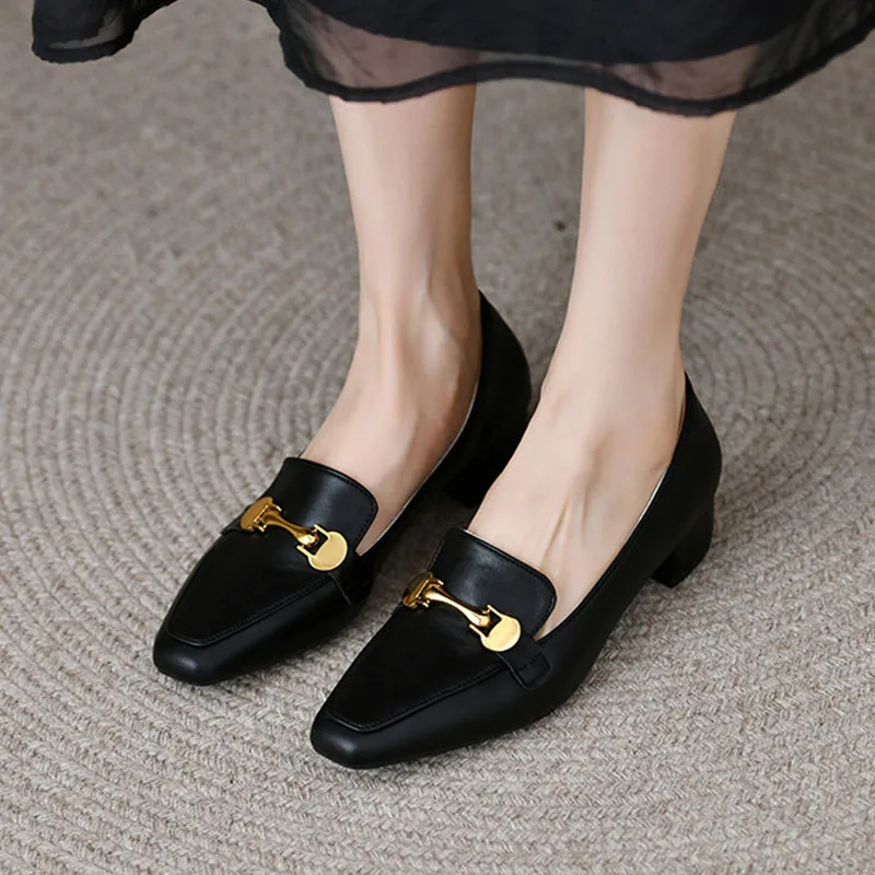 Women's High Heels Retro Brown Metal Buckle Heels Comfortable Square-toe Pumps Mid Heel Soft Leather Black Heels Lady Work Shoes