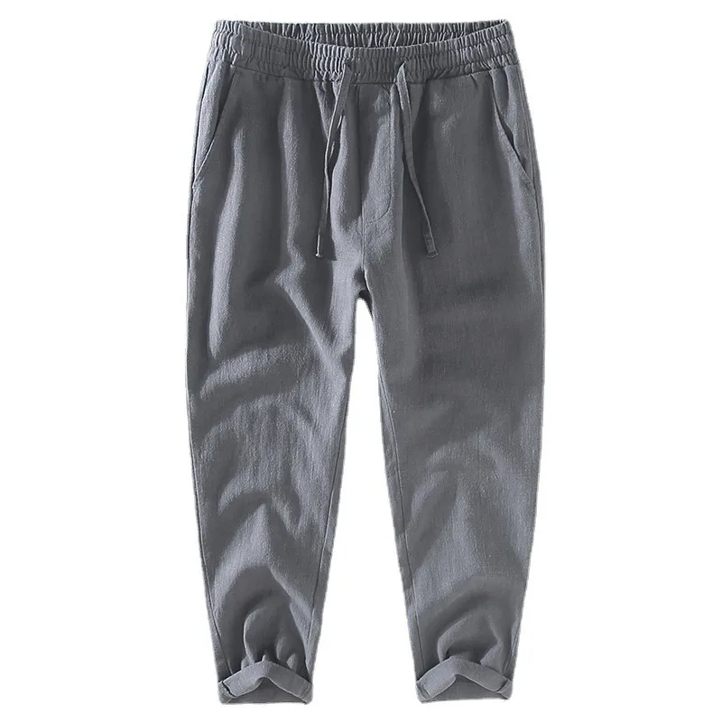 

Summer New Men's Mid Rise Ramie Pants with Elastic Waistband, Cotton and Linen Material, Breathable and Casual Cropped Pants