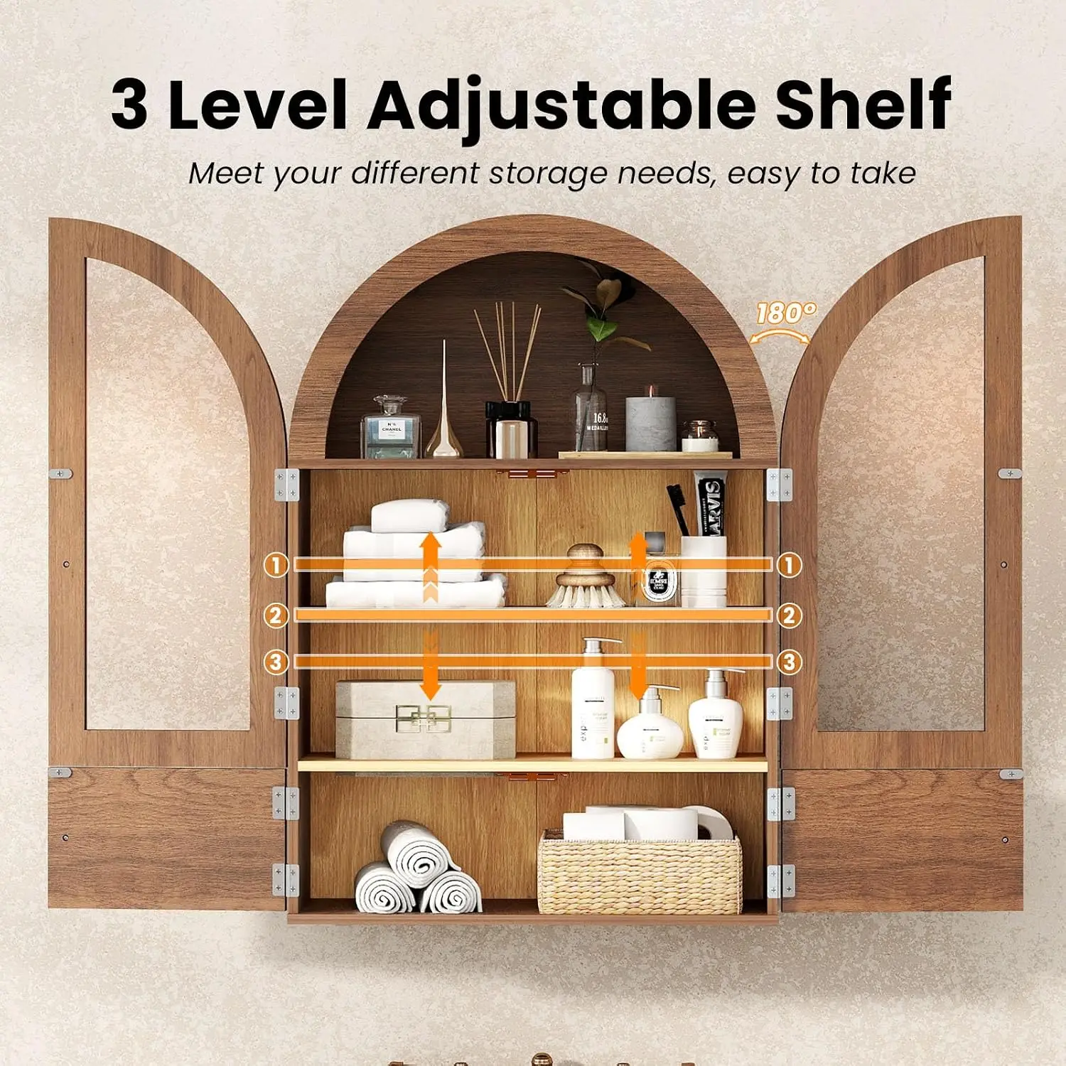 Arched Wall Cabinet Glass Door Adjustable Shelf Bathroom Medicine Cabinet Over Toilet Storage Space Saver, Customized