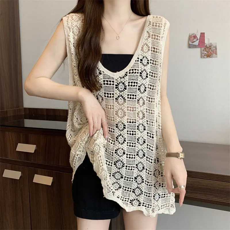 Summer Retro Hollowed Out Women\'s 2024 Patchwork Pullover V-neck Fashion Solid Color Loose Casual Sleeveless Knitted Vest Tops