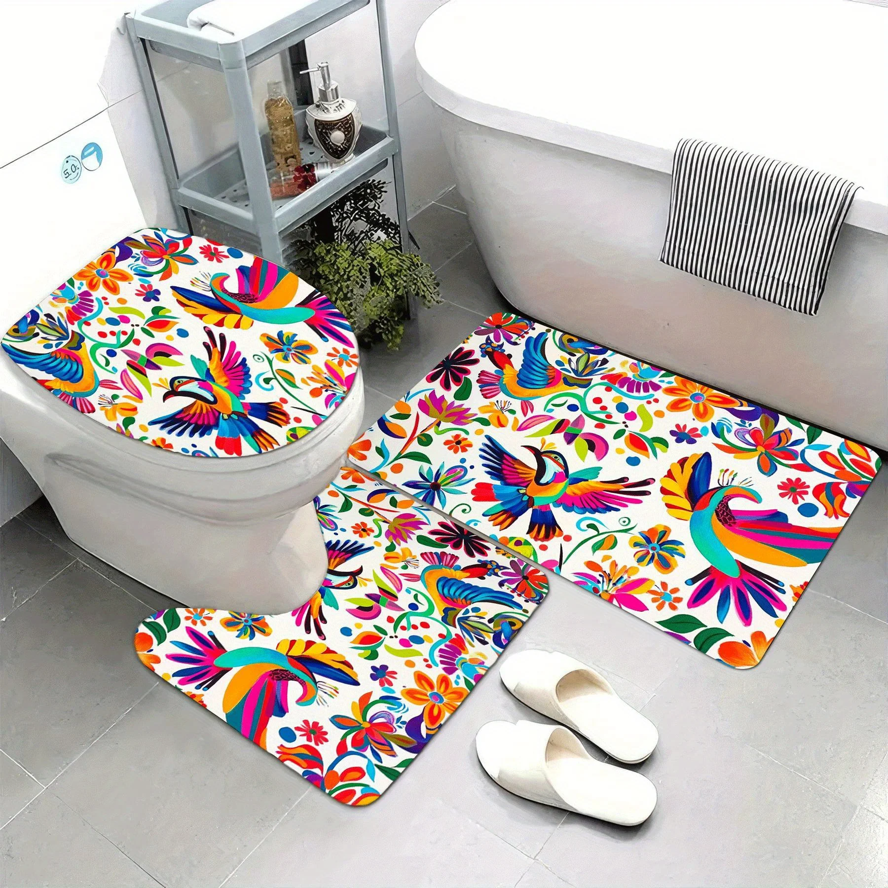 

3pcs Mexican Otomi Printed Ultra-Soft Bathroom Mat Set - Vibrant Floral & Bird Design, High-Quality Flannel, Machine Washable, P
