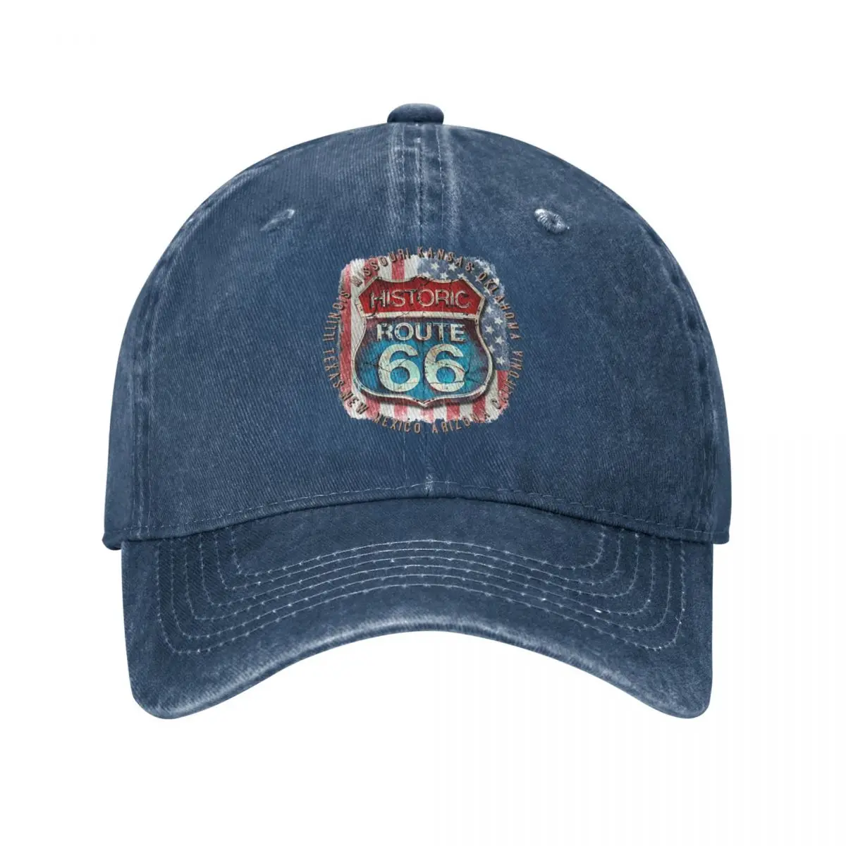 Historic Route 66 USA Unisex Style Baseball Cap Distressed Denim Washed Caps Hat Retro Outdoor All Seasons Travel Sun Cap