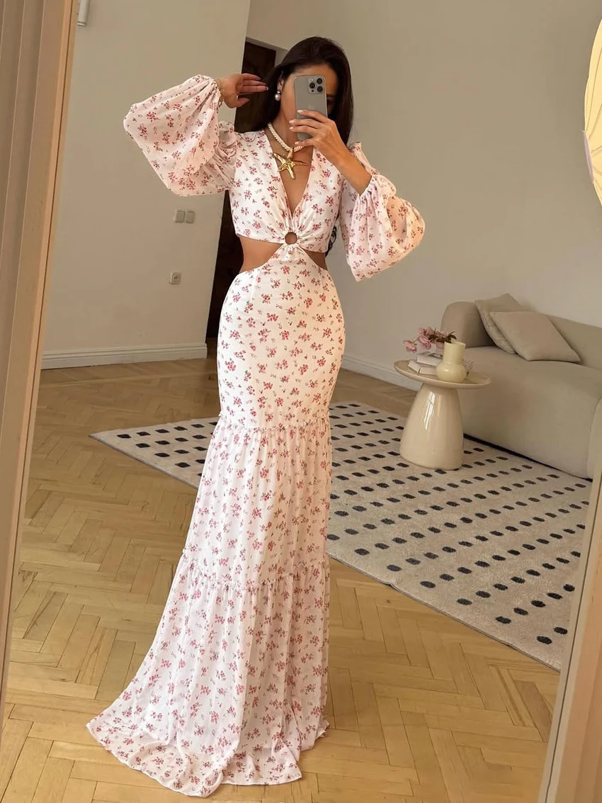 Marthaqiqi Fashion Ladies Nightgown Long Sleeve Sleepwear V-Neck Pajama Show Waist Nightie Ankle-Length Printing Femme Nightwear