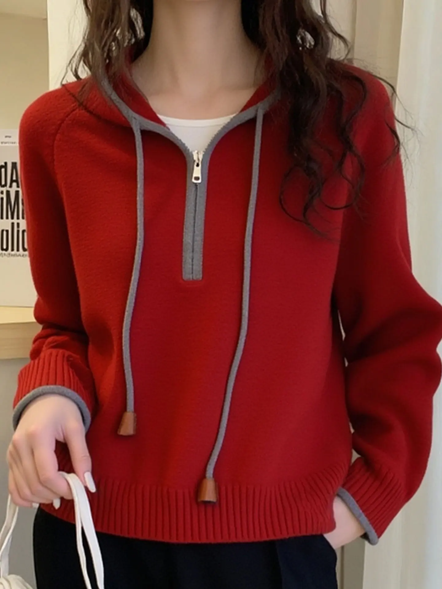Felpa con cappuccio lunga rossa di Capodanno Sve Camere maglione lavorato a maglia da donna sciolto pigro Sle inverno top caldo termico versione coreana